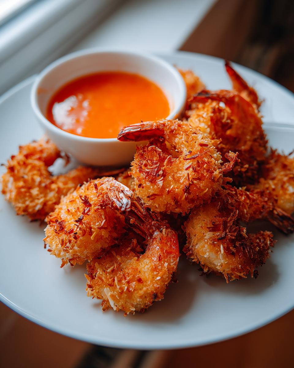 A plate of golden brown, crispy coconut shrimp served with a small bowl of bright orange dipping sauce.