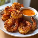 A plate of golden brown, crispy coconut shrimp served with a small bowl of orange sweet chili dipping sauce.