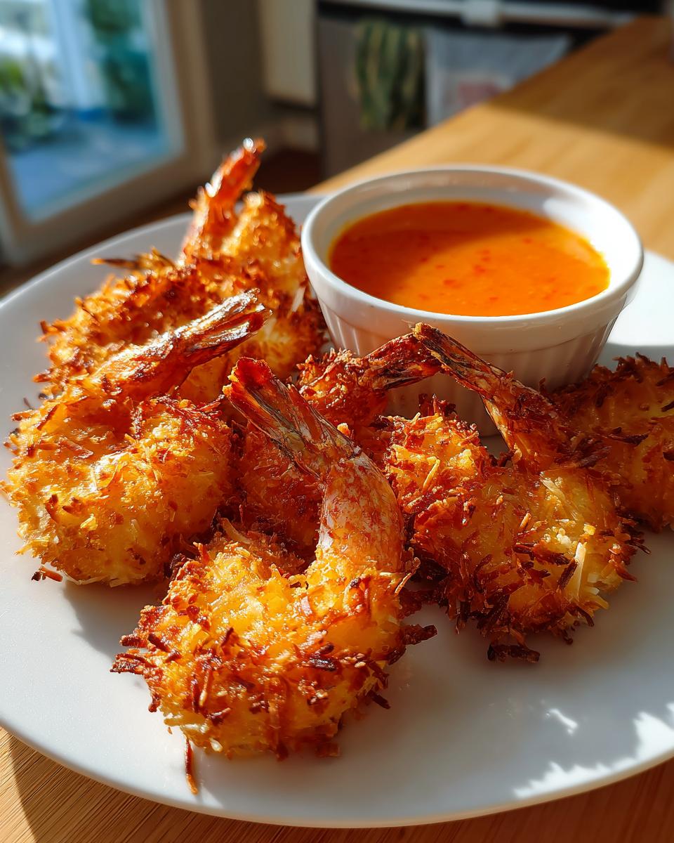 A plate of perfectly fried, golden brown coconut shrimp served with a small bowl of bright orange dipping sauce.