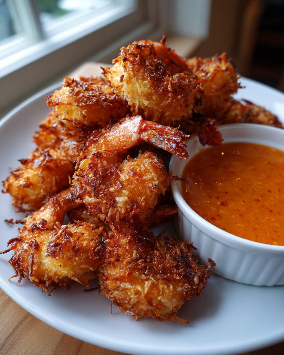 A plate piled high with perfectly fried, crispy coconut shrimp served next to a small bowl of orange dipping sauce.
