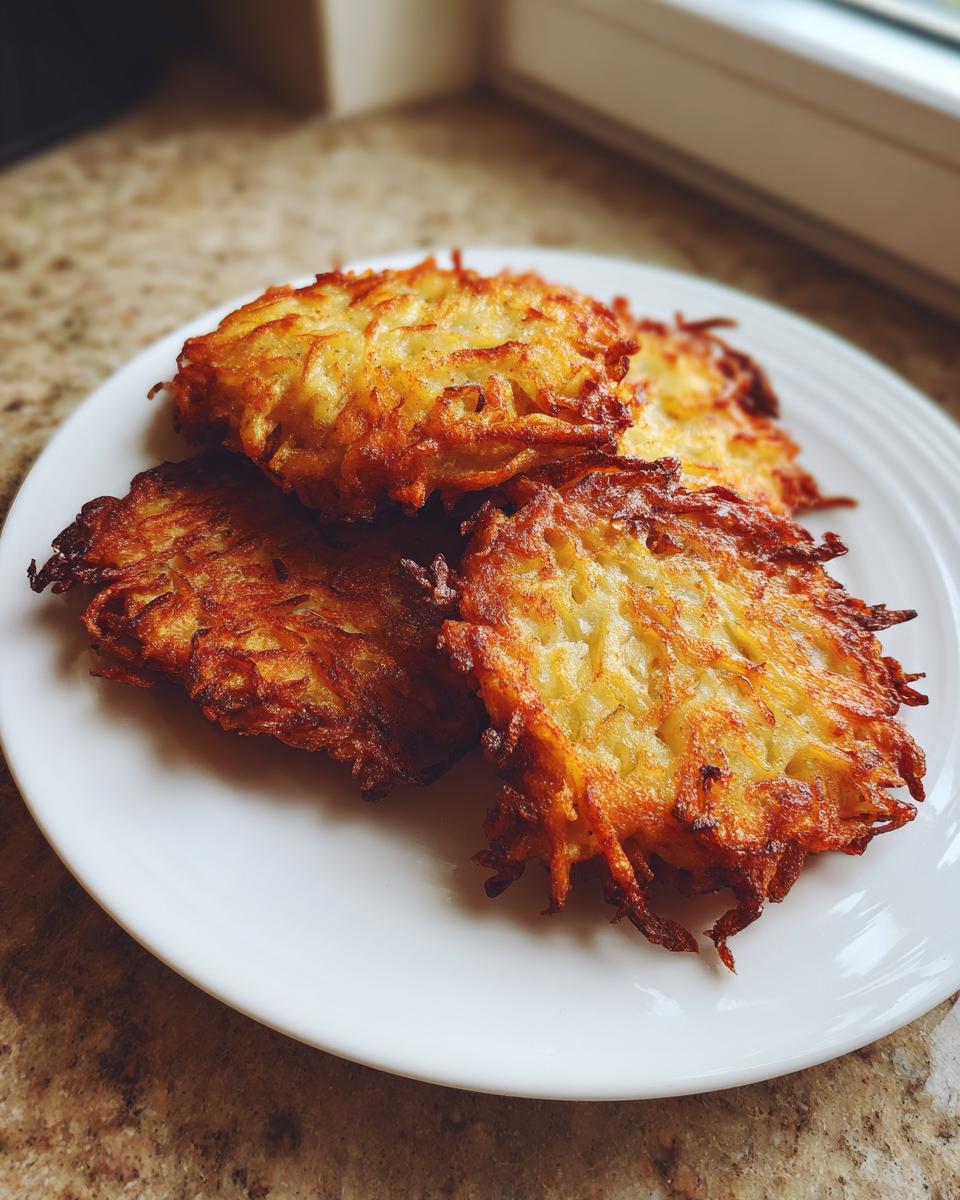Four golden brown, crispy potato latkes stacked on a white plate, ready to eat.