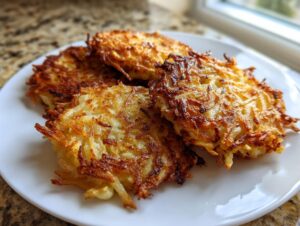 Four perfectly golden and crispy potato latkes stacked slightly on a white plate, showing shredded texture.