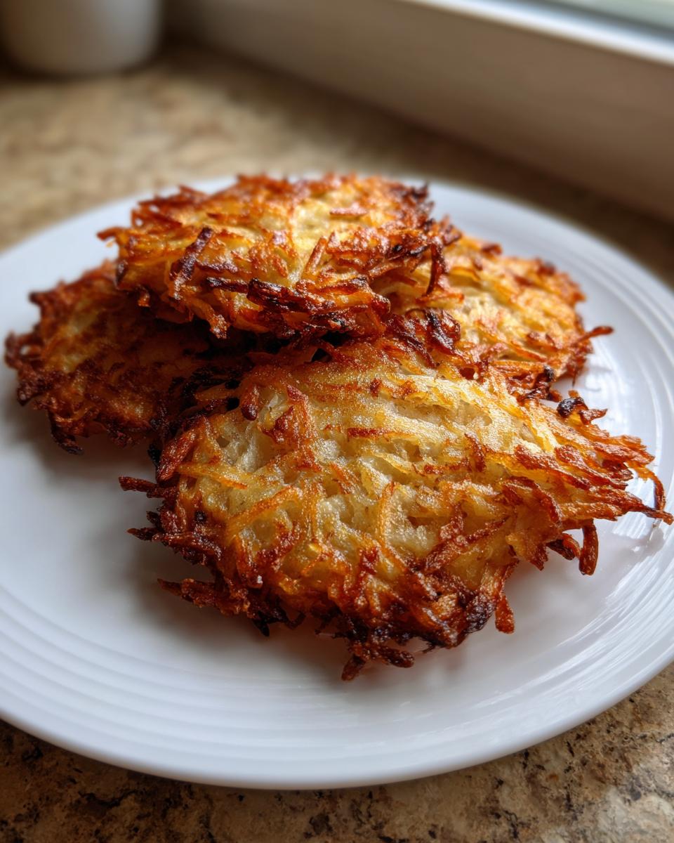 Close-up of three golden brown, crispy potato latkes stacked slightly on a white plate.