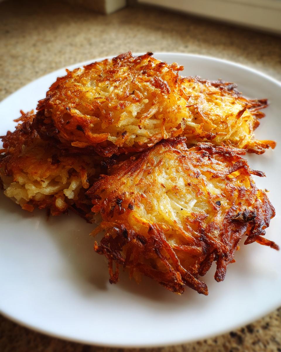 Close-up of three golden brown, crispy potato latkes stacked on a white plate, showing shredded texture.