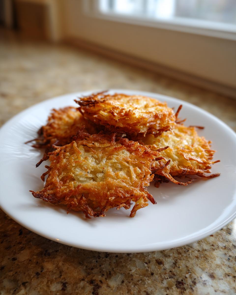A stack of four golden-brown, crispy potato latkes served on a white plate, showcasing their shredded texture.