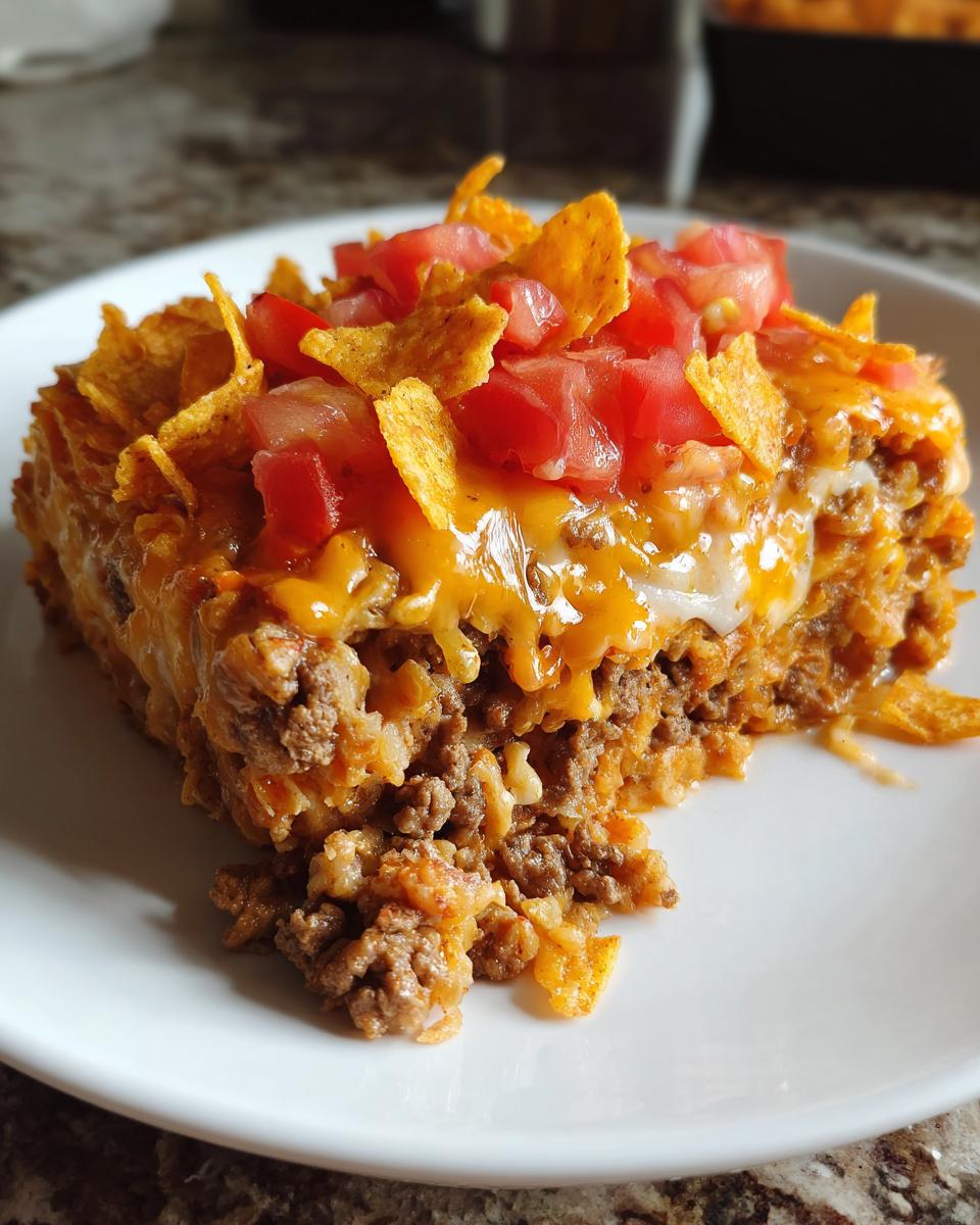 A generous slice of Dorito Casserole featuring seasoned ground beef, melted cheese, and topped with crushed chips and diced tomatoes.