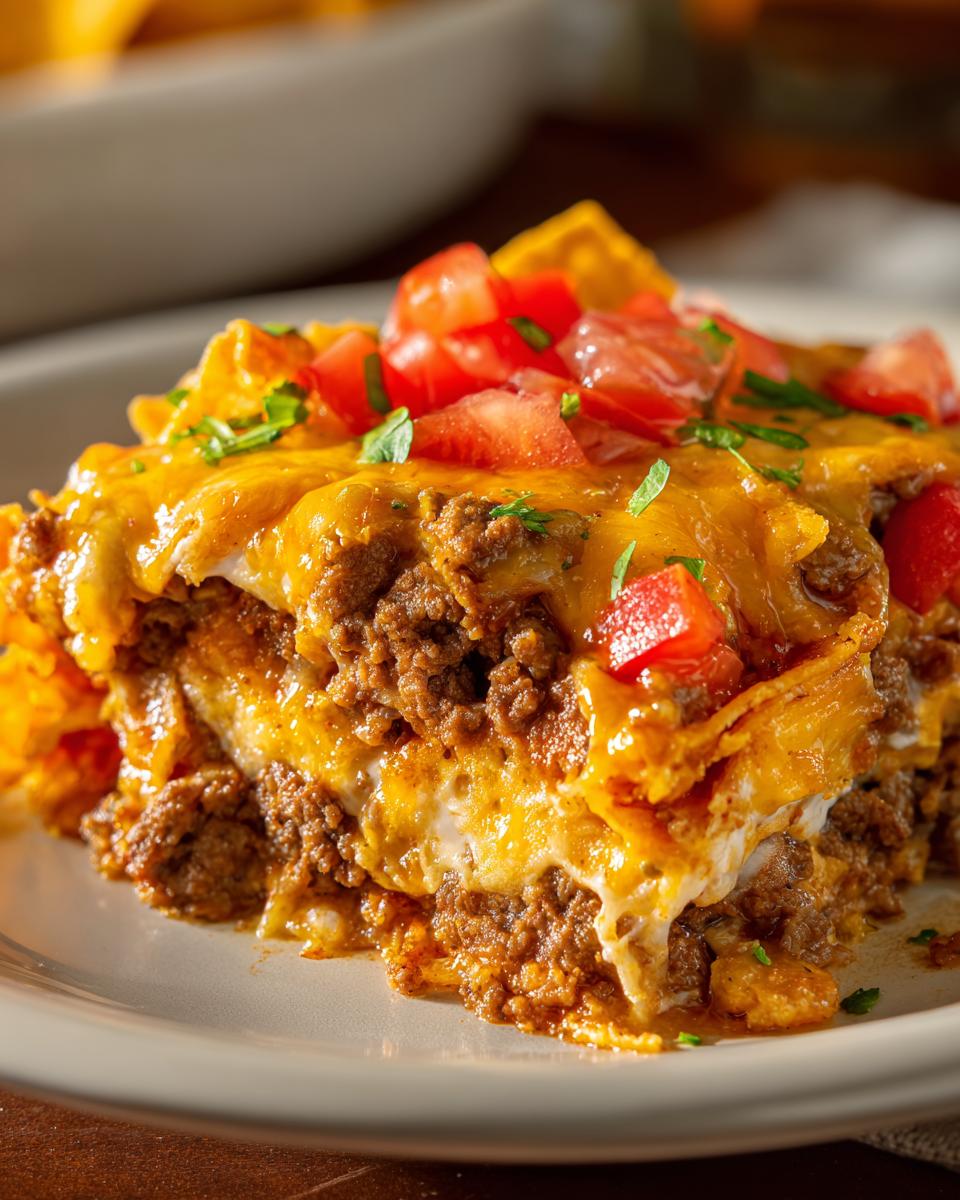 Close-up of a layered slice of Dorito Casserole featuring seasoned ground beef, melted cheese, and diced tomatoes.