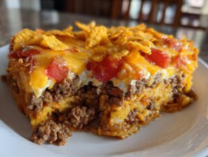 A close-up serving of Dorito Casserole showing layers of ground beef, cheese, sour cream, and a crunchy Doritos topping.