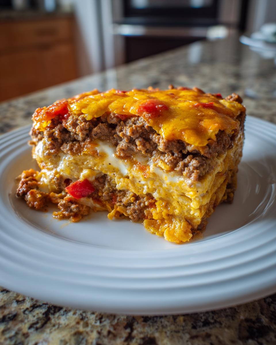 A thick, layered slice of Dorito Casserole featuring ground beef, cheese, and creamy filling on a white plate.