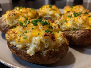 Close-up of several perfectly prepared twice baked potatoes topped with melted cheddar cheese and fresh chives.