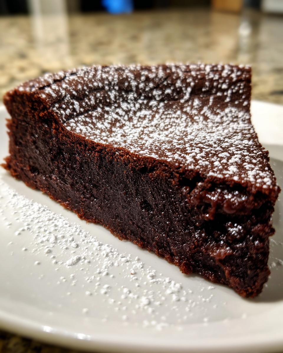 A rich, dense slice of flourless chocolate torte dusted generously with white powdered sugar on a white plate.