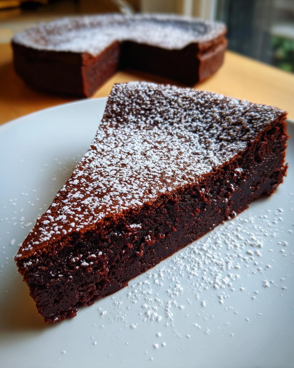 A close-up slice of dense, dark flourless chocolate torte dusted generously with powdered sugar on a white plate.