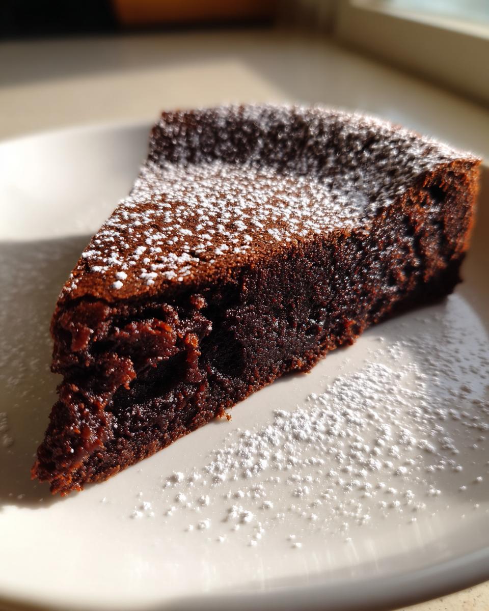 A rich, dark slice of flourless chocolate torte dusted generously with powdered sugar on a white plate.