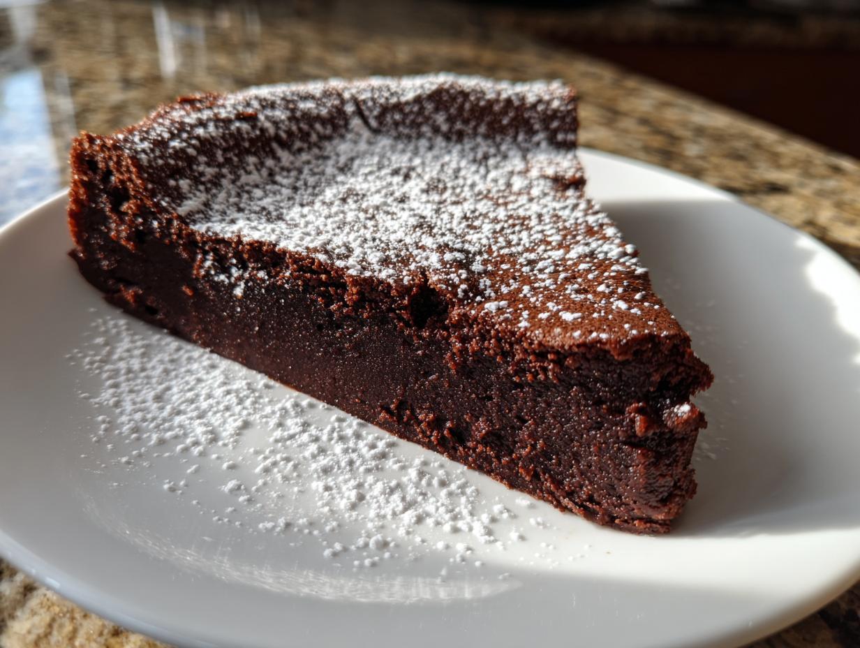 A rich, dense slice of flourless chocolate torte dusted generously with powdered sugar, served on a white plate.