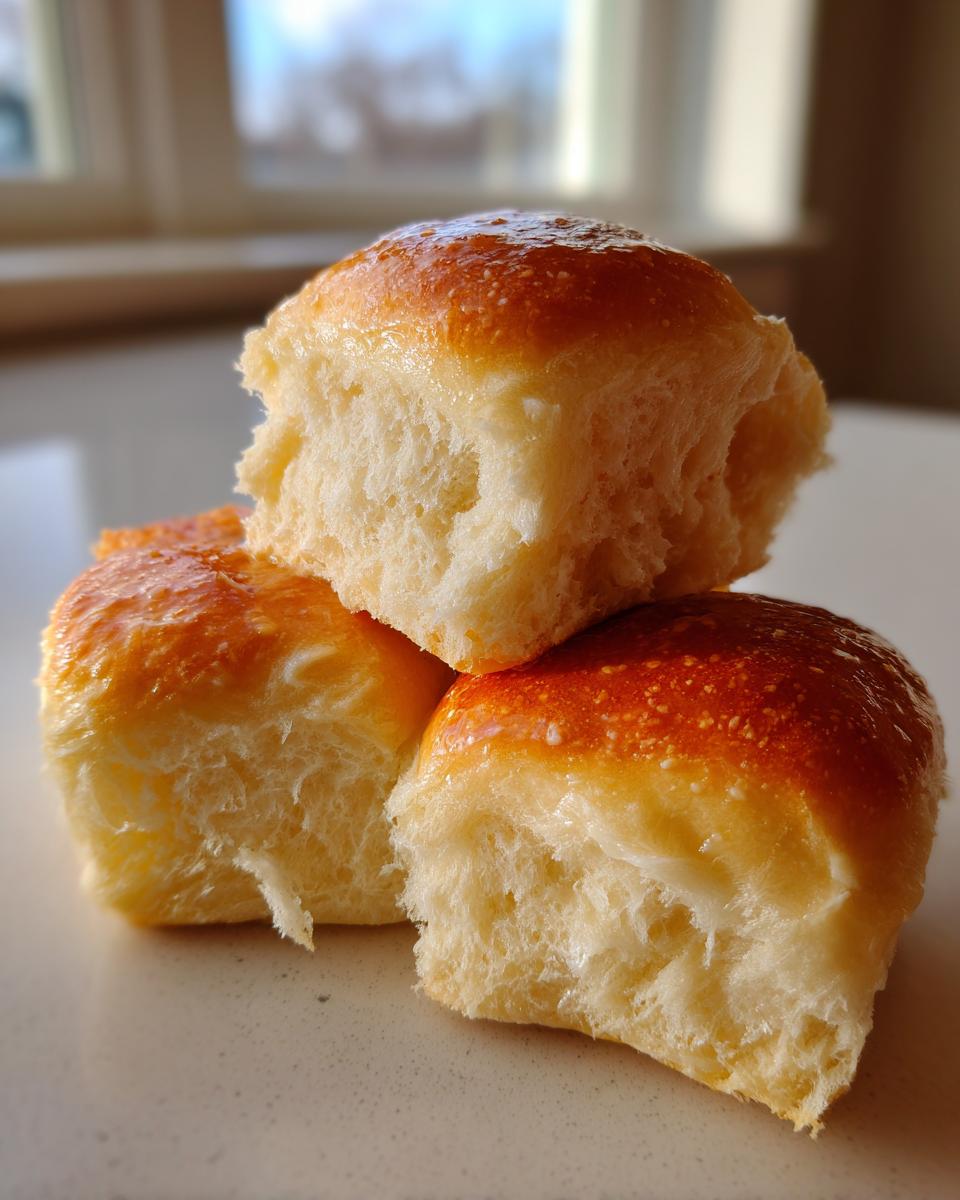 Close-up of three fluffy, golden-brown dinner rolls stacked, showing their soft interior texture.