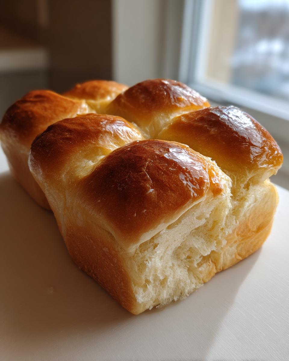 A close-up of six golden brown, shiny dinner rolls pulled apart slightly, showing soft interior.
