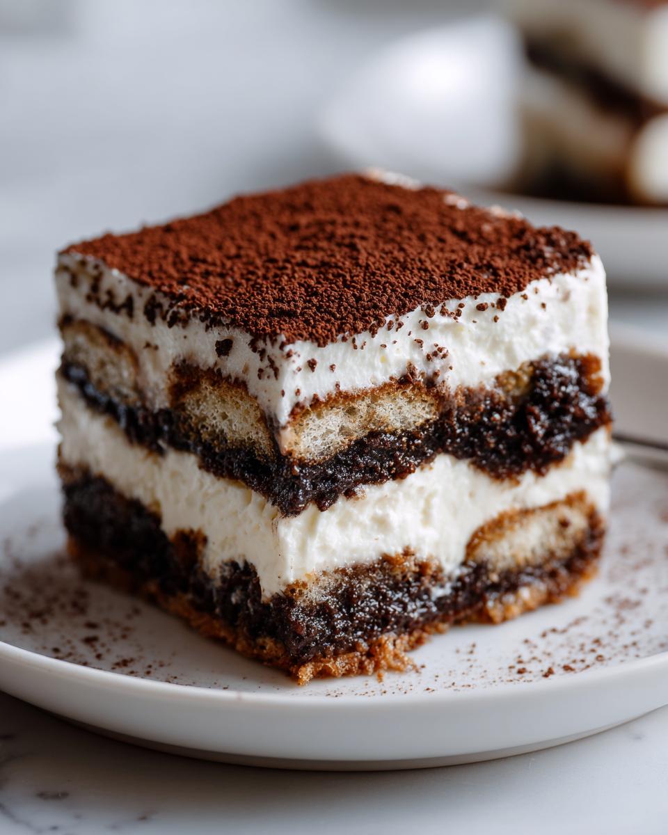 A close-up of a layered slice of Tiramisu, featuring ladyfingers, mascarpone cream, and a dusting of cocoa powder.