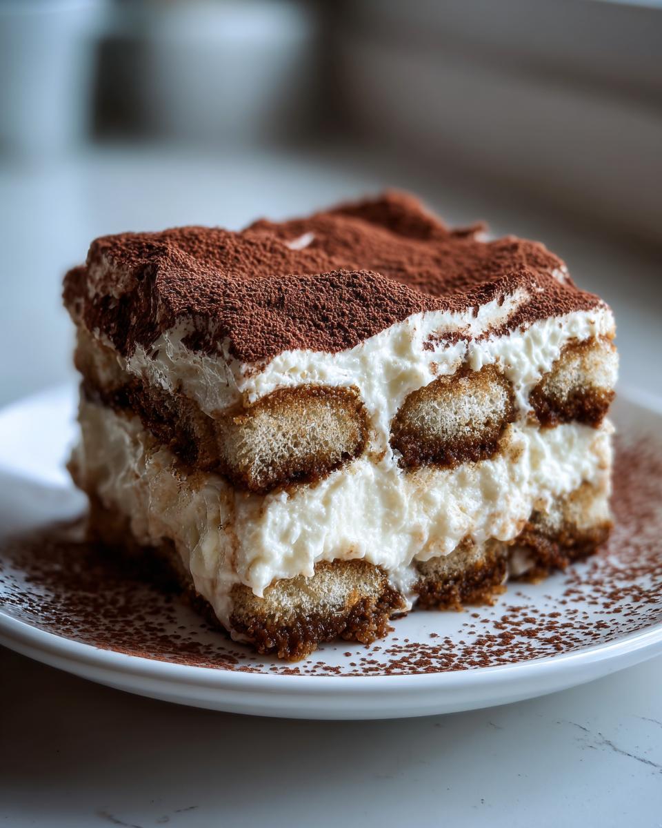 A generous slice of creamy Tiramisu layered with coffee-soaked ladyfingers and dusted heavily with cocoa powder.