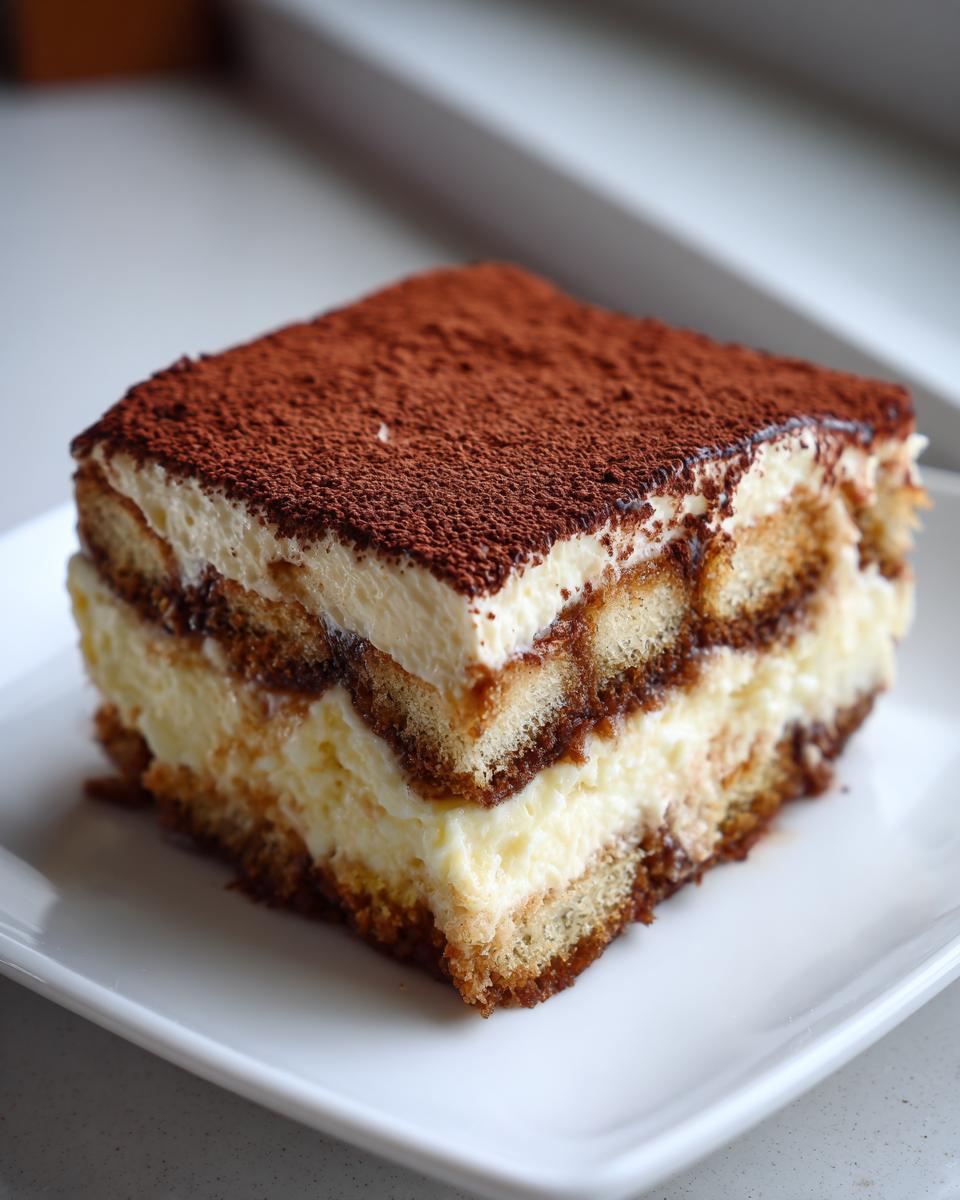 A perfect square slice of layered Tiramisu dessert dusted heavily with cocoa powder on a white plate.