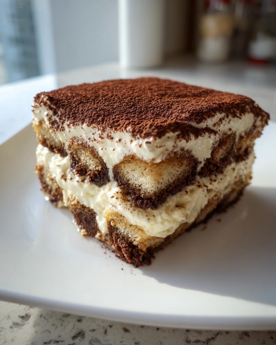 A square slice of rich Tiramisu dessert showing layers of coffee-soaked ladyfingers and creamy mascarpone, dusted heavily with cocoa powder.