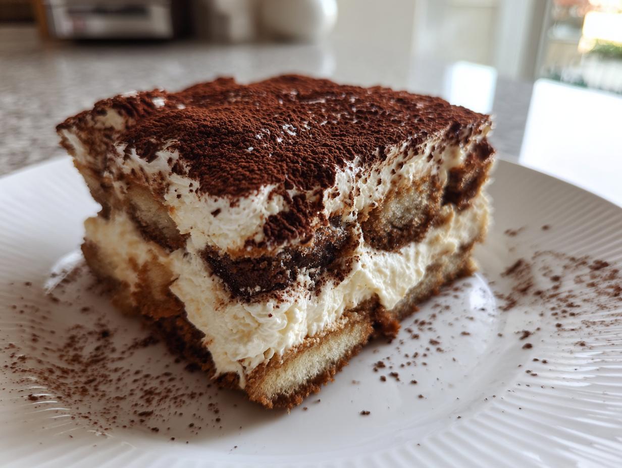 A generous square slice of homemade Tiramisu, featuring layers of cream and coffee-soaked ladyfingers, dusted heavily with cocoa powder.