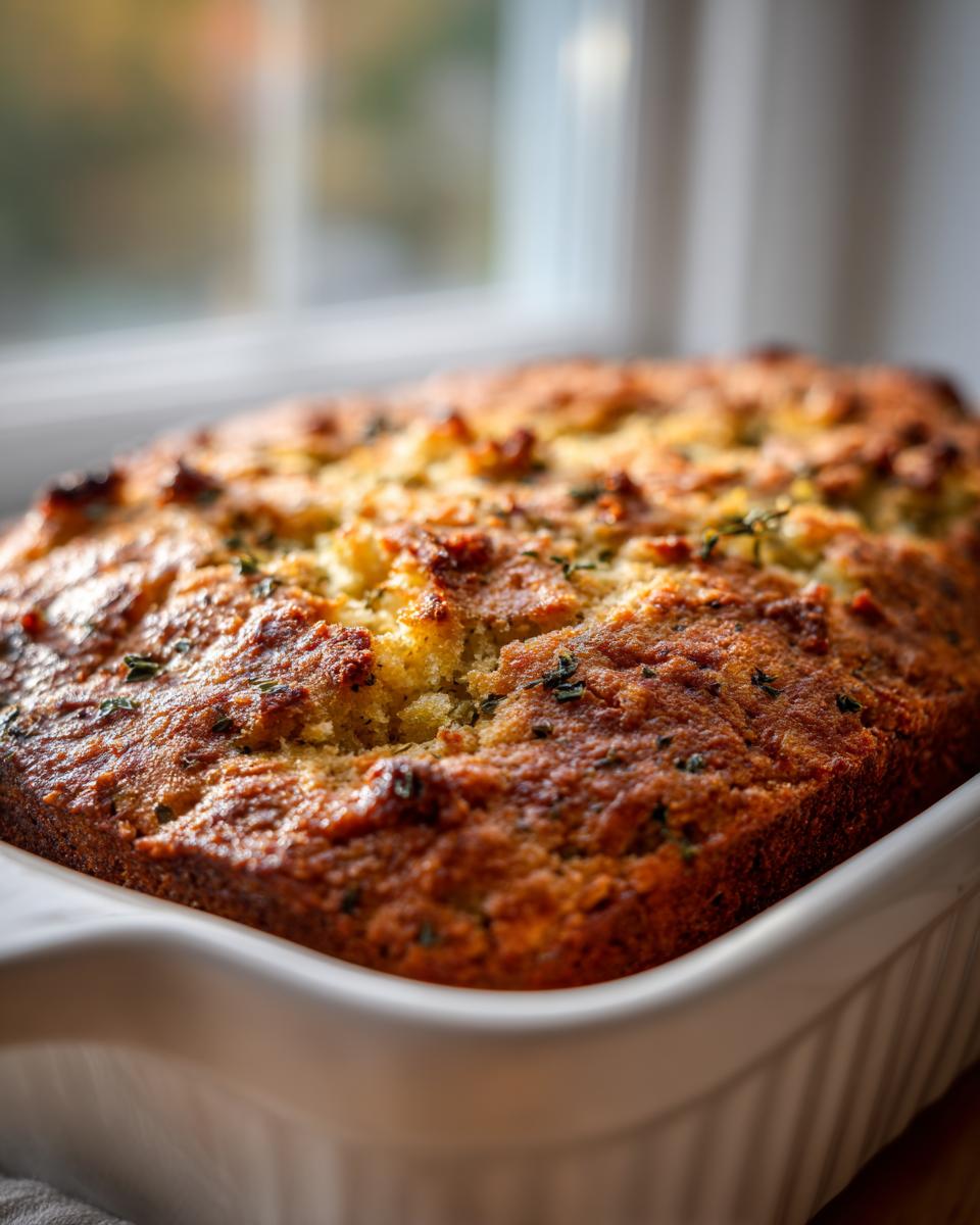 Close-up of golden brown, herbed cornbread dressing baked perfectly in a white ceramic dish.