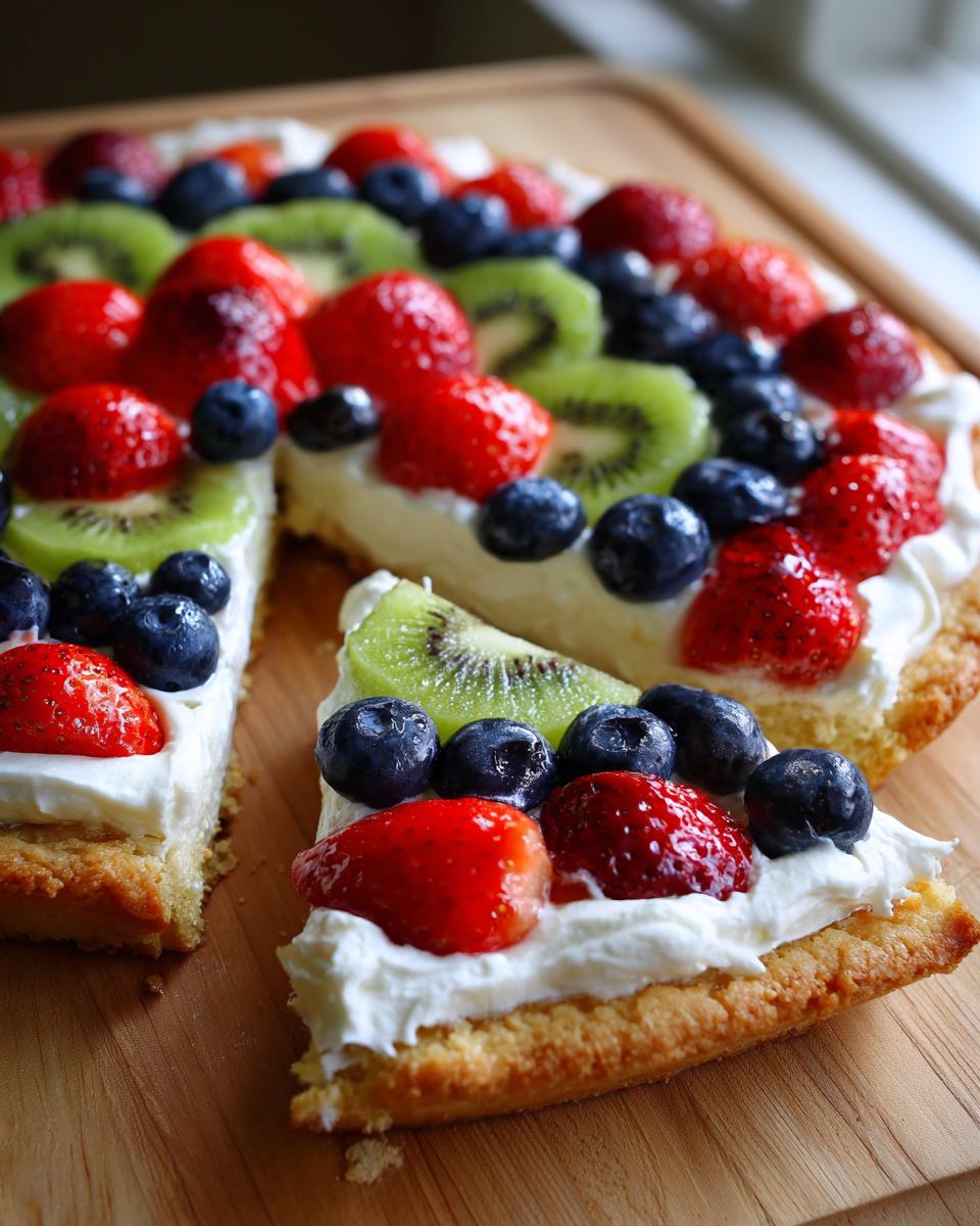 A slice of fruit pizza sugar cookie topped with whipped cream, strawberries, blueberries, and kiwi.