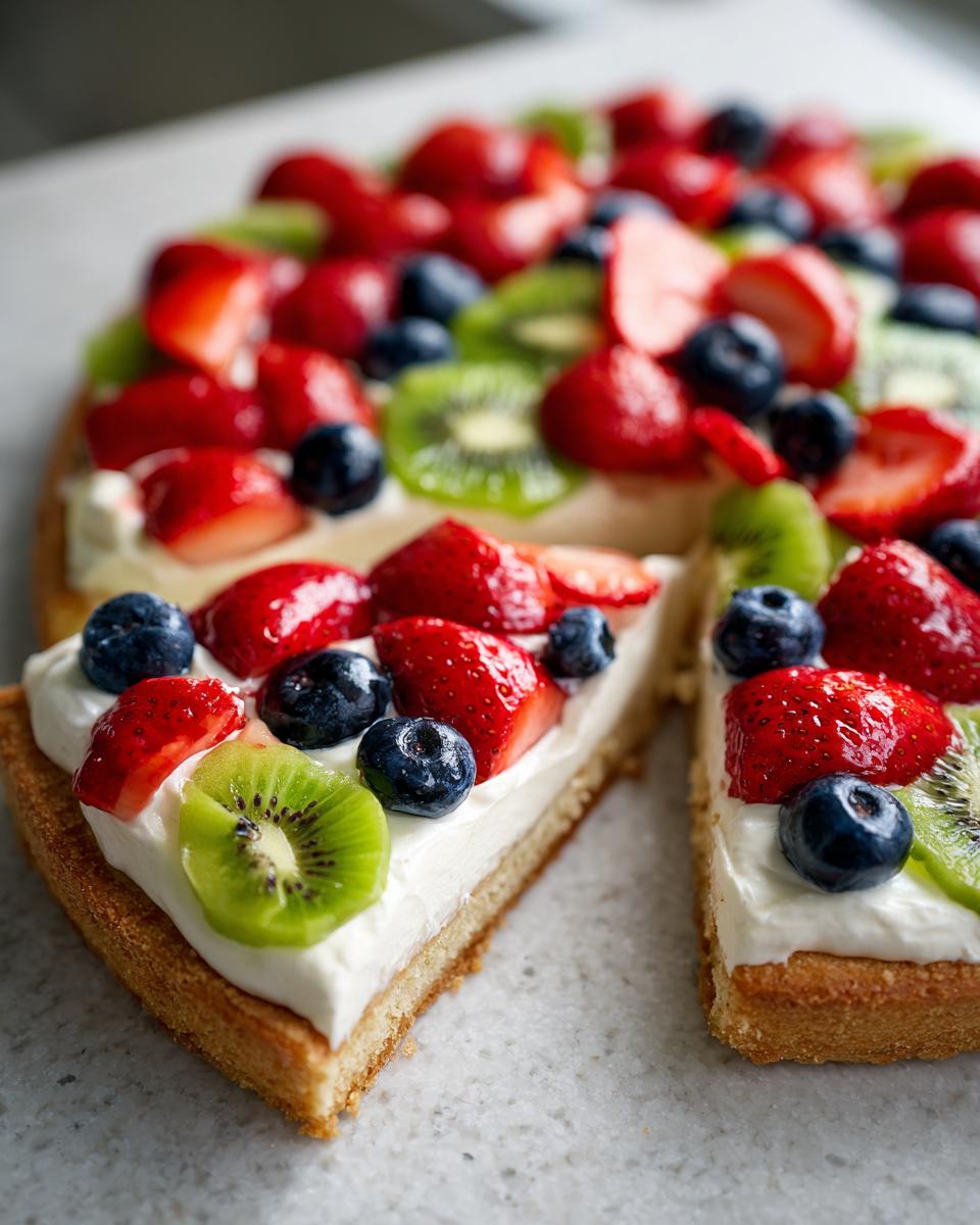 A close-up of a slice of fruit pizza sugar cookie topped with cream cheese frosting, strawberries, blueberries, and kiwi.