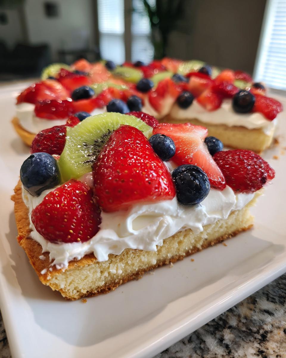 Close-up of a slice of fruit pizza sugar cookie topped with whipped cream, strawberries, blueberries, and kiwi.