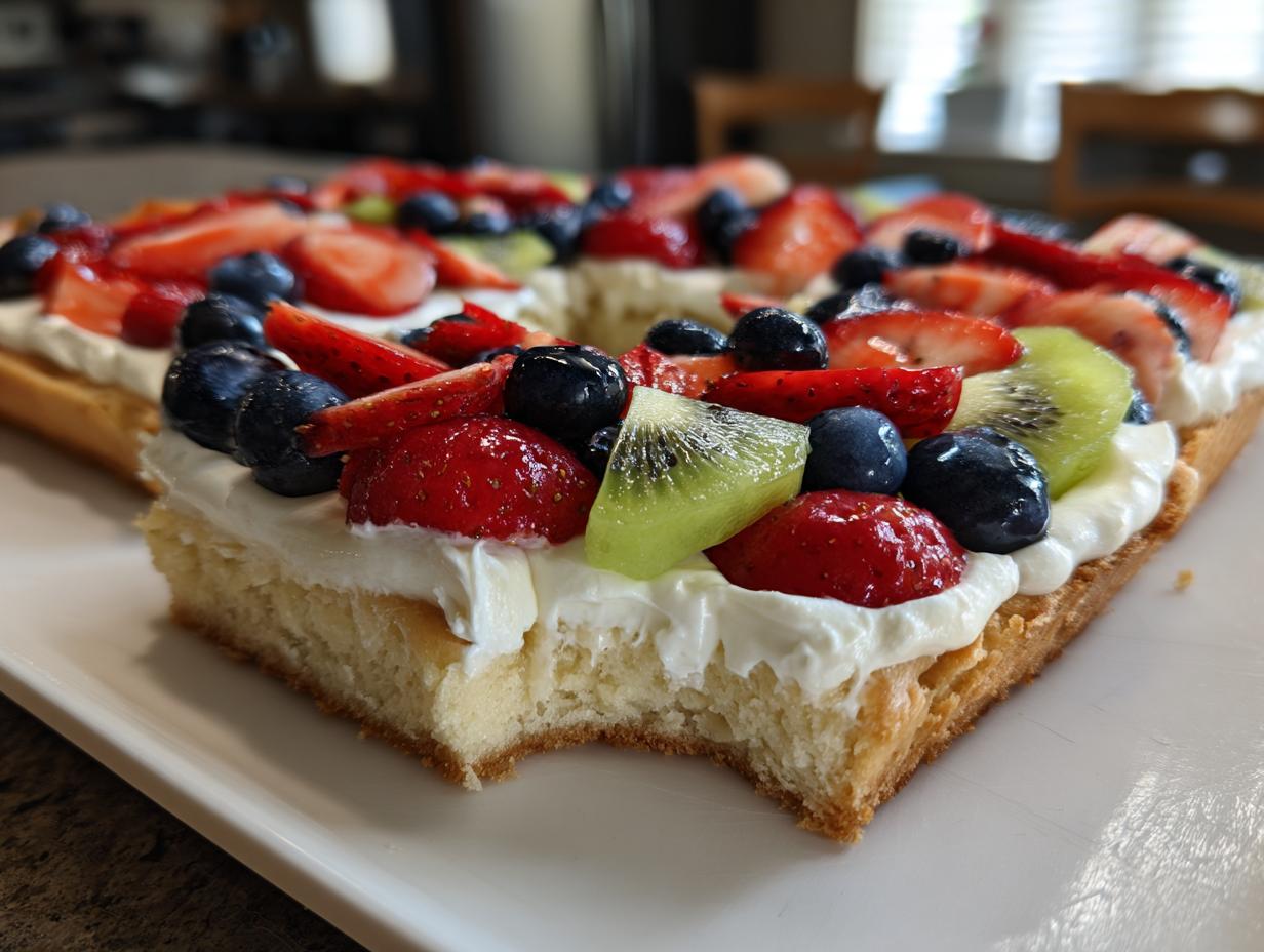 A close-up side view of a slice of fruit pizza sugar cookie topped with cream cheese frosting and fresh berries.