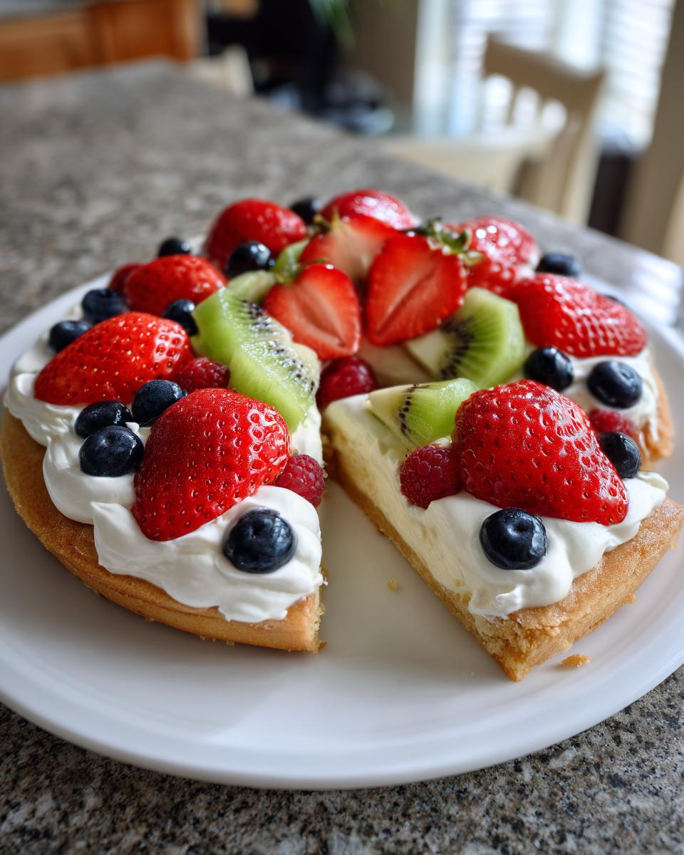 A slice removed from a fruit pizza sugar cookie topped with cream cheese frosting, strawberries, blueberries, and kiwi.