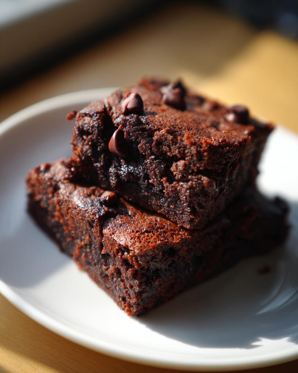 Two rich, dark chocolate sweet potato brownies stacked on a white plate, topped with chocolate chips.