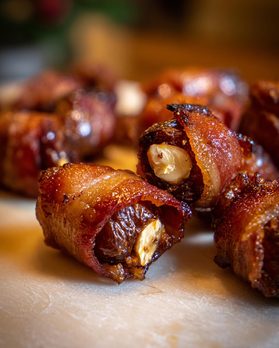 Close-up of perfectly cooked, glazed bacon-wrapped dates stuffed with an almond.
