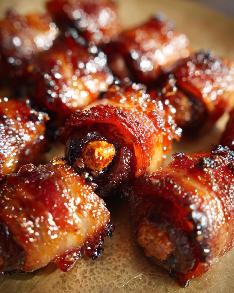 Close-up of several perfectly cooked, glossy bacon-wrapped dates, showing the caramelized bacon texture.