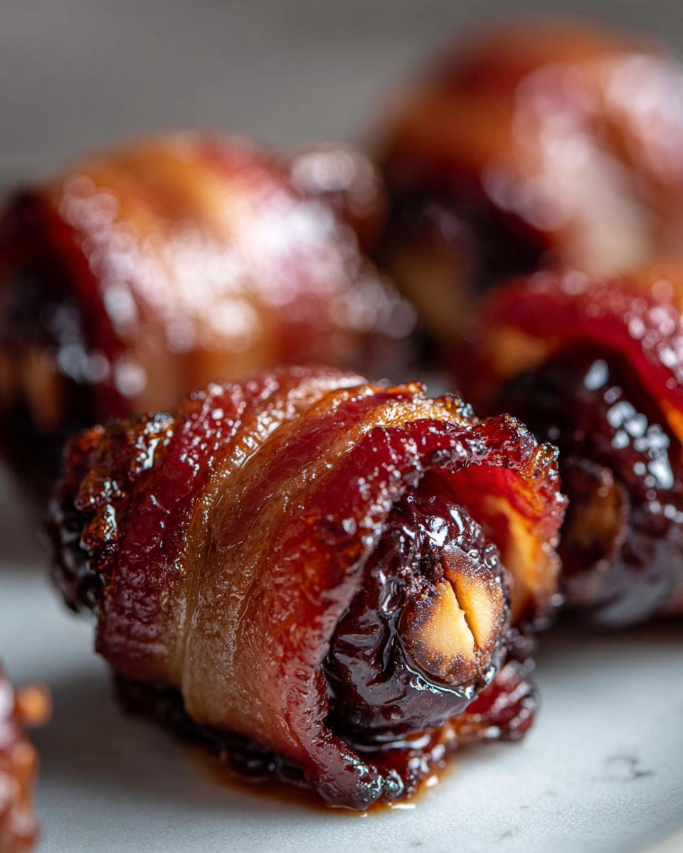 Close-up of a perfectly cooked, glazed bacon-wrapped dates appetizer showing the sweet date and nut filling inside.