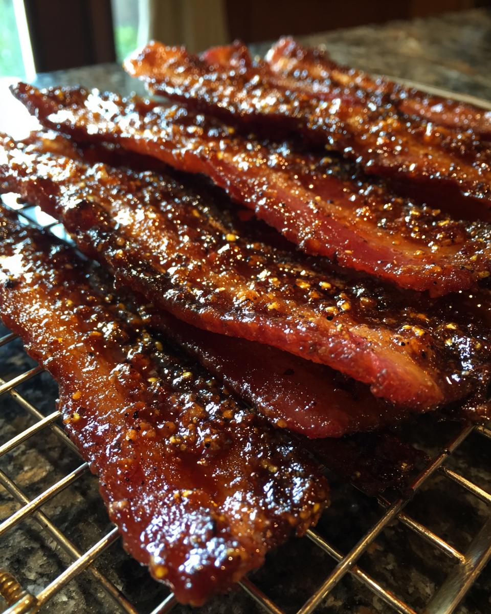 Close-up of several strips of sticky, glazed Millionaire bacon seasoned with pepper resting on a wire cooling rack.