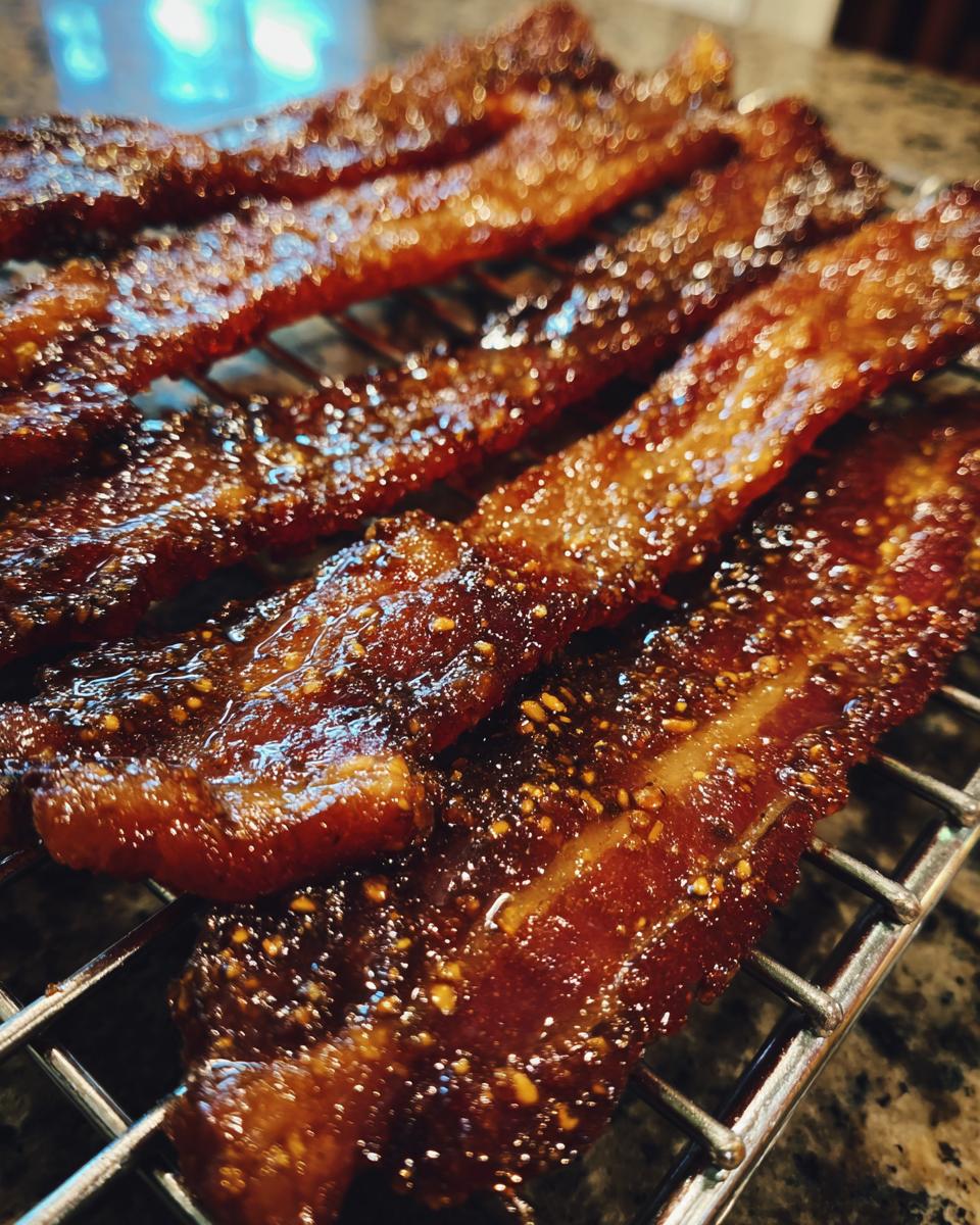 Close-up of shiny, caramelized Millionaire bacon strips cooling on a wire rack, covered in sweet glaze and spices.