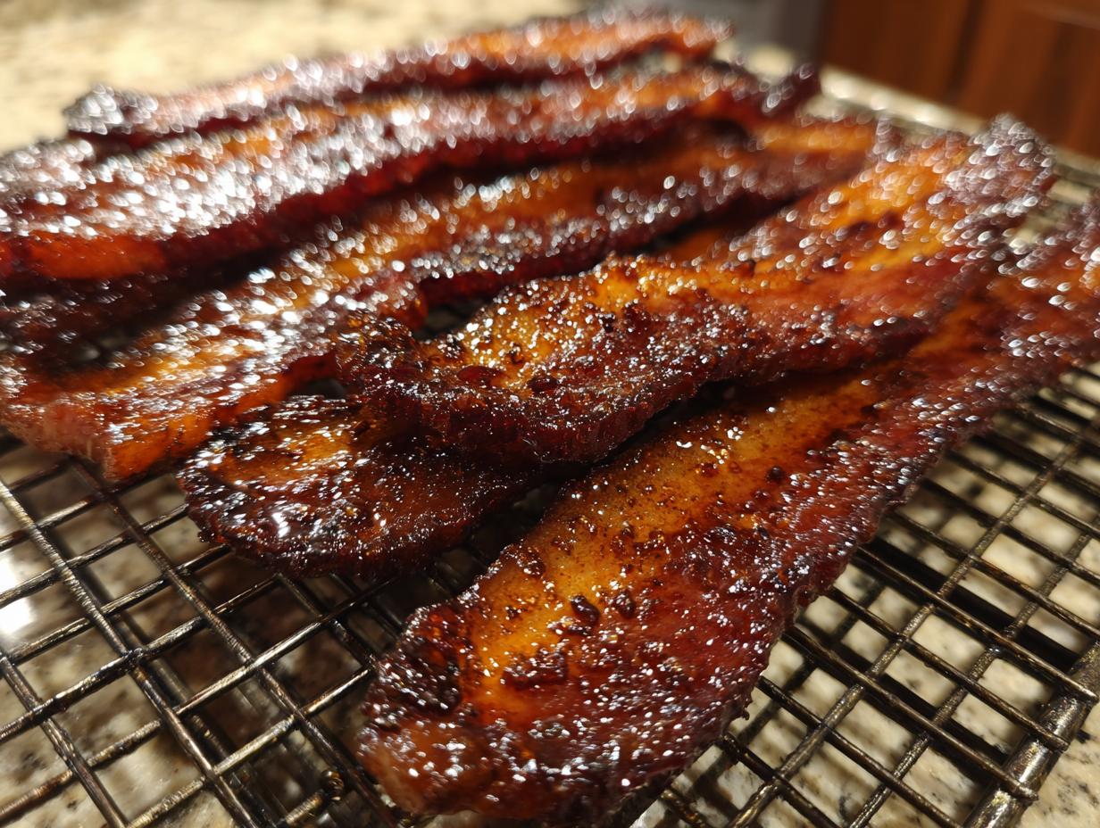 Several strips of thick, caramelized Millionaire bacon resting on a wire cooling rack, showing a glossy, dark glaze.