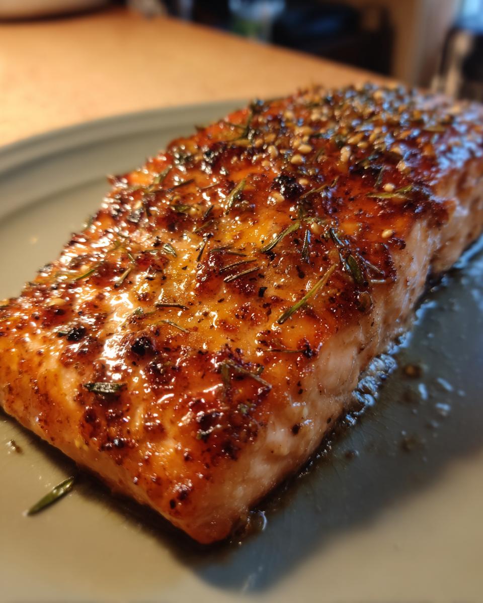 Close-up of a perfectly cooked, glazed salmon fillet topped with sesame seeds and rosemary.