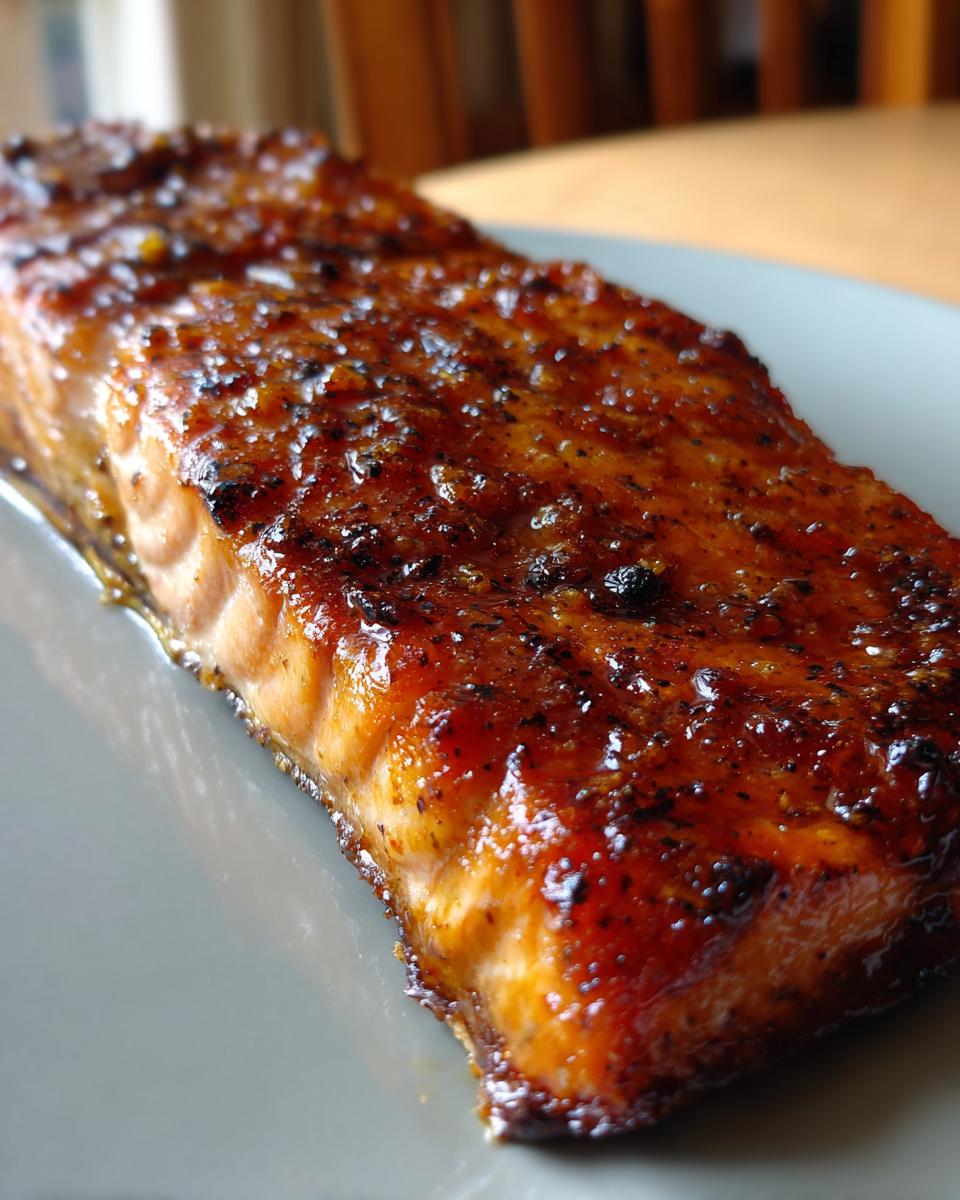 Close-up of a perfectly cooked, glazed salmon fillet with a dark, caramelized crust, ready to eat.