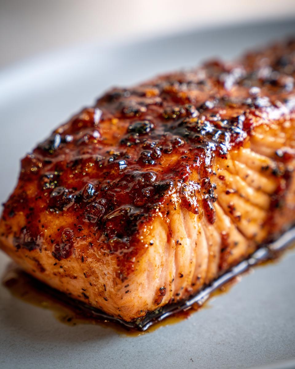 Close-up of a perfectly cooked salmon fillet with a dark, sticky, sweet glaze, ready to eat.