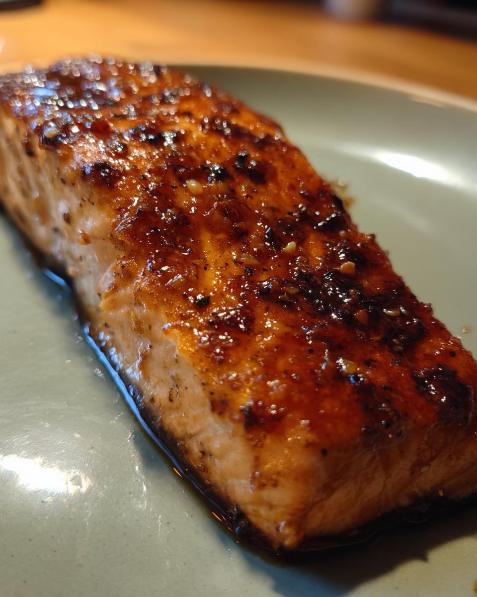 Close-up of a perfectly cooked salmon fillet with a dark, glossy glaze, ready to eat.