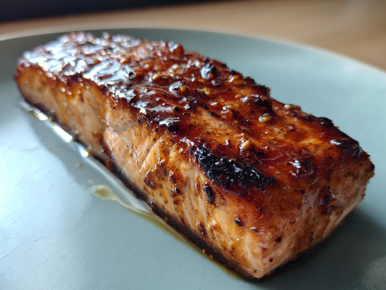 Close-up of a perfectly cooked, glazed salmon fillet with a shiny, caramelized crust.