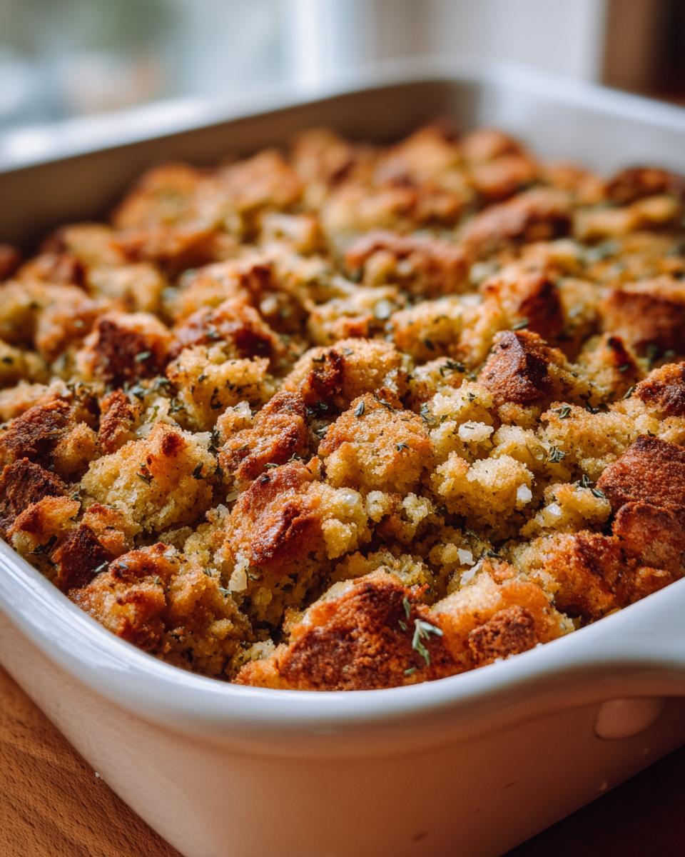 Close-up of perfectly baked Cornbread dressing with a crispy, golden-brown top in a white baking dish.