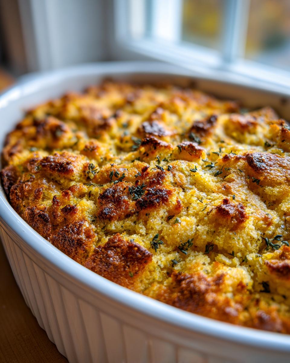 Close-up of freshly baked cornbread dressing with a golden, crispy top, garnished with herbs, in a white oval dish.