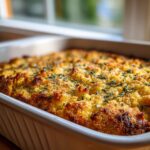 Close-up of freshly baked cornbread dressing with a crispy, golden top sprinkled with herbs in a white baking dish.