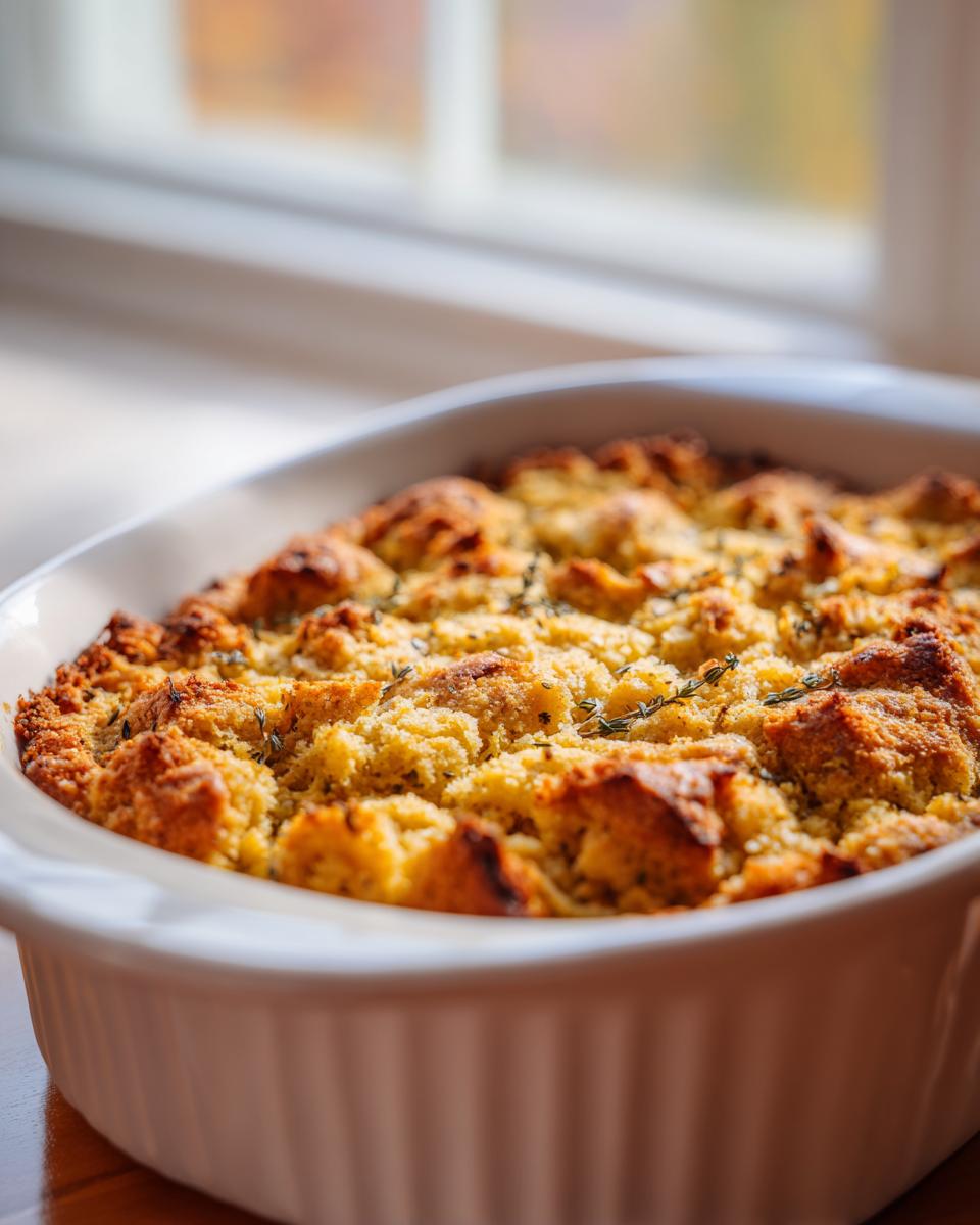 Golden brown, baked Cornbread dressing topped with fresh thyme sprigs in a white oval baking dish.