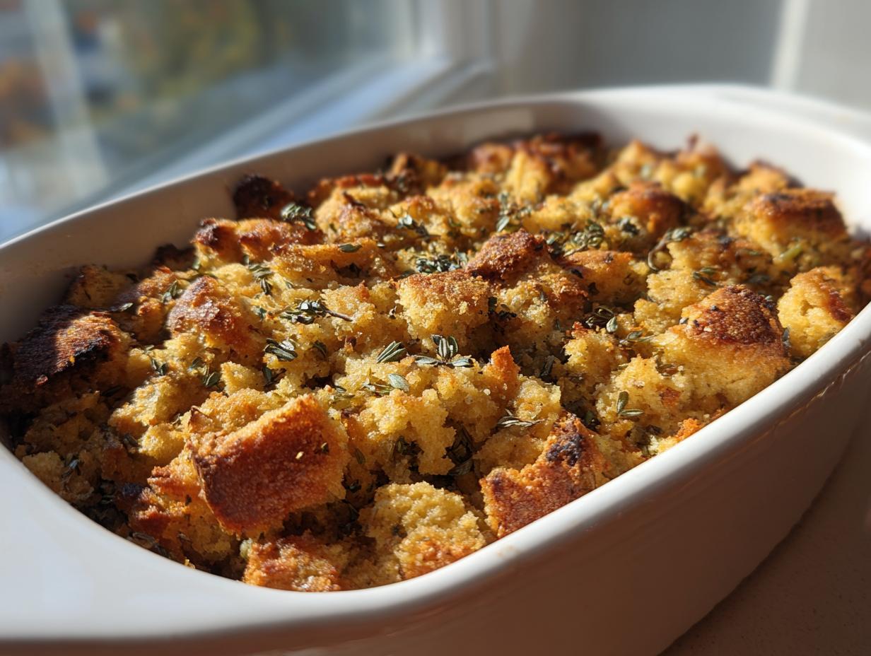 Close-up of golden brown Cornbread dressing baked until crispy and topped with fresh herbs in a white oval baking dish.