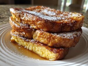 A stack of three thick slices of golden brown French toast dusted with powdered sugar and drizzled with syrup.