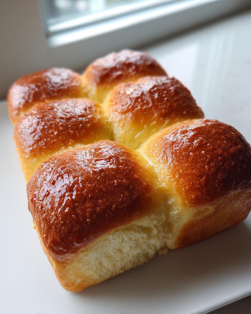 A close-up of six fluffy, golden brown dinner rolls baked together with a shiny glaze.